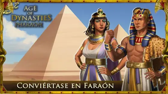 Age of Dynasties Pharaoh Egypt: pantalla de inicio con dos figuras de la corte ante las pirámides