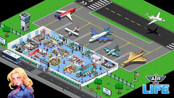 Air Life: Aviation Tycoon: vista del aeródromo con pistas y hangares