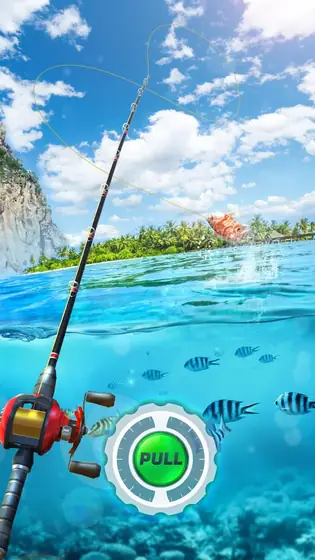Fishing Rival 3D: caña sobre una laguna tropical con peces bajo la superficie y el botón de recogida