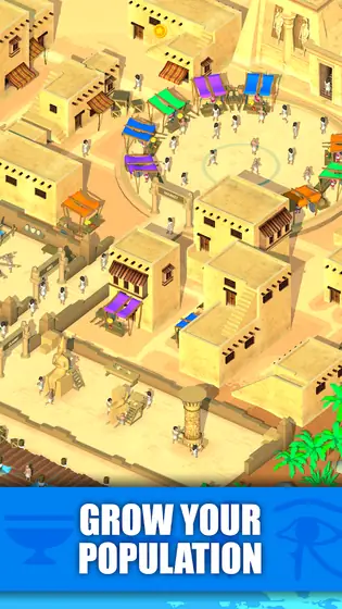 Idle Egypt Tycoon: Empire Game: poblado isométrico del valle del Nilo con talleres y mercado