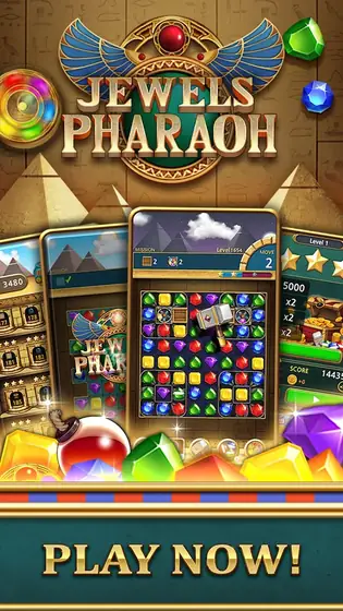 Jewels Pharaoh : Match 3: pantalla de inicio con dos tableros de fichas y pirámides al fondo